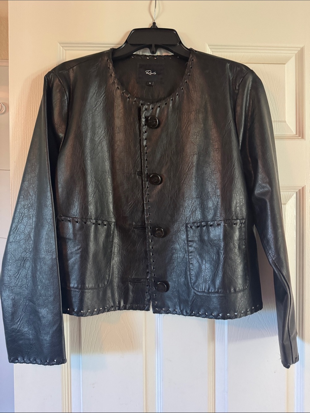 New Rails Nevins Black Faux Leather Button-Front Jacket with Whipstitch Trim